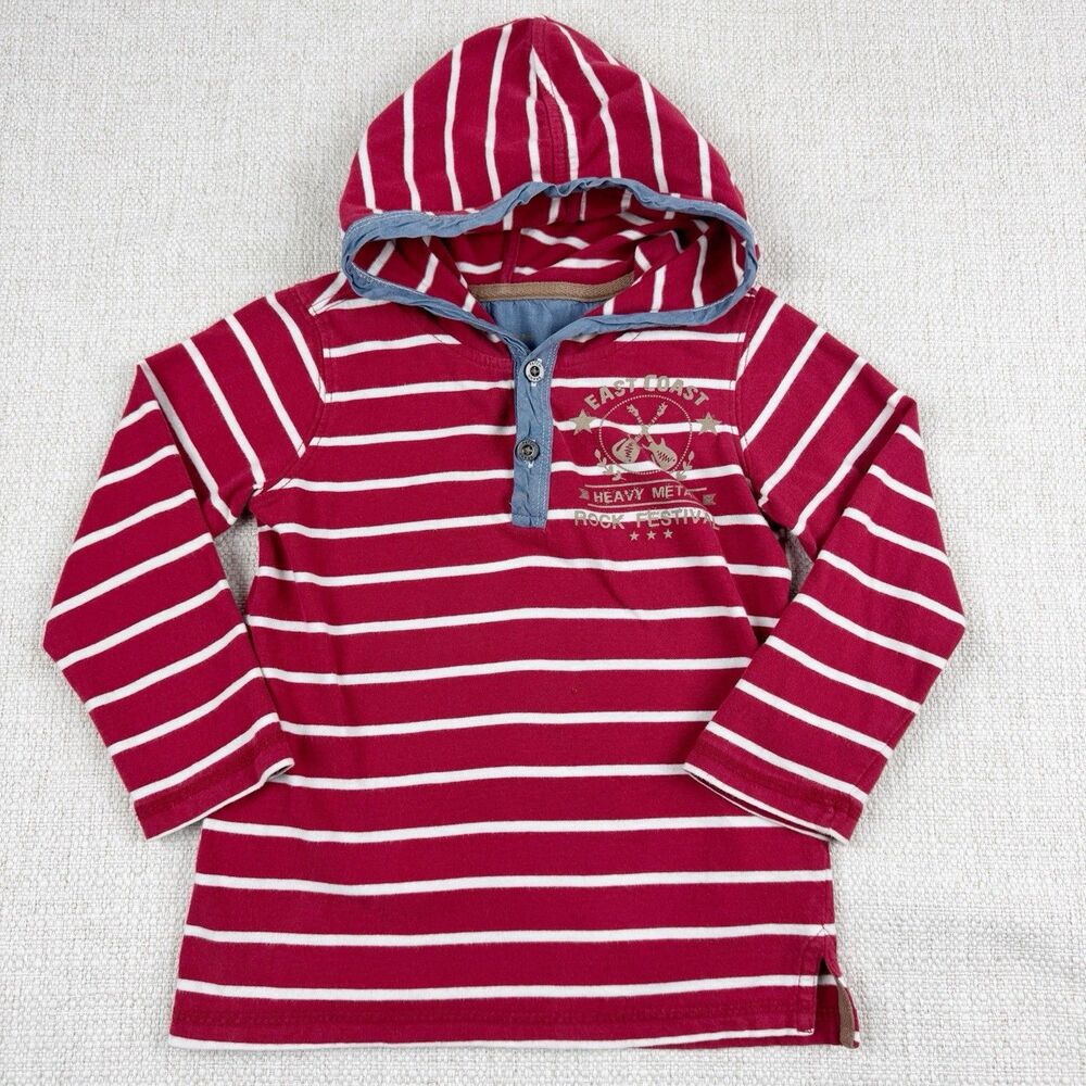 Pumpkin Patch Henley Hoodie Boys Size 3 Red White Striped Hooded T-Shirt Rock
